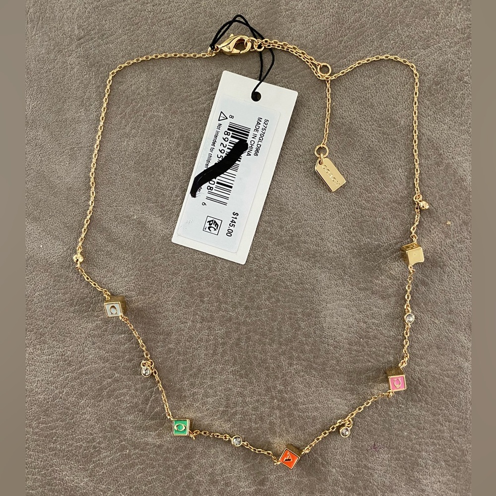 COACH Faux Stone Signature Logo Enamel Cube Strand Necklace Gold NWT + Dustbag - Picture 3 of 6